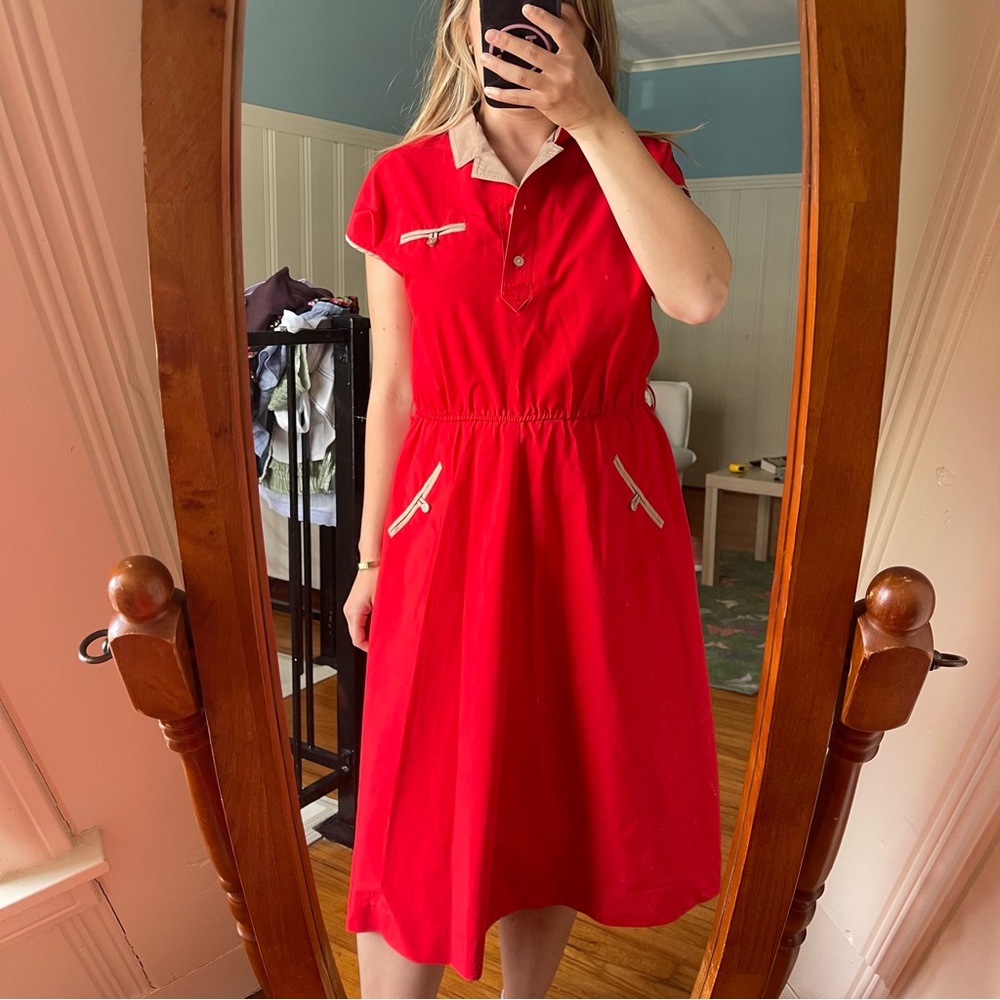 Red Collared Midi Dress with Pocket Details
